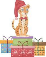 schattig Kerstmis illustratie met een schattig tijger in een rood hoed zittend Aan geschenk dozen. een symbool van de nieuw jaar. kinderen s nieuw jaar s illustratie. vakantie kaart, vector illustratie
