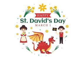 gelukkig st david's dag Aan maart 1 illustratie met kinderen welsh jurk, draken en geel narcissen in vlak tekenfilm hand- getrokken voor landen bladzijde Sjablonen vector