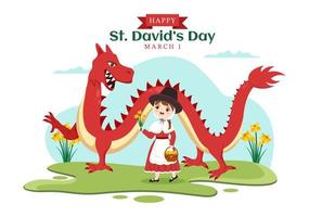 gelukkig st david's dag Aan maart 1 illustratie met kinderen welsh jurk, draken en geel narcissen in vlak tekenfilm hand- getrokken voor landen bladzijde Sjablonen vector