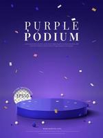 Purper podium met confetti Aan Purper achtergrond, voor Product Scherm, vector illustratie