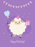 schattig schapen verjaardag met ballon, geschenk en guirlande. gelukkig verjaardag groet kaart. vector illustratie in tekenfilm vlak stijl.