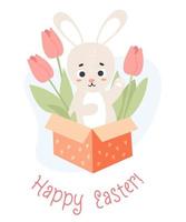 schattig Pasen konijn in feestelijk doos met bloemen tulpen. voorjaar vakantie poster gelukkig Pasen. vector illustratie in vlak stijl met tekenfilm konijn.