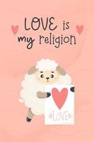 romantisch kaart met schattig verliefd schapen. vector illustratie in tekenfilm vlak stijl. koel verticaal poster Valentijn met opschrift liefde is mijn geloof.