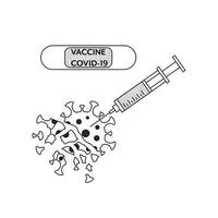 illustratie van een injectiespuit met een vaccin dat vernietigt de moleculen van de covid - 19 virus. vector zwart en wit illustratie.