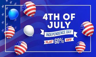 4e van juli onafhankelijkheid dag uitverkoop reclame poster of banier ontwerp versierd met Amerikaans vlag kleur ballonnen en 60 korting bieden. vector