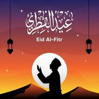 eid al-fitr sociaal media post of groet kaart met maan, lantaarn, silhouet van een persoon bidden en Arabisch kalligrafie. vector illustratie