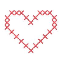rood kruis steek hart geborduurd Aan een wit achtergrond. handwerk vector illustratie. valentijnsdag dag