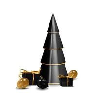 volumetrische geometrische kerstboom met cadeautjes en zwarte en gouden ballonnen. 3D kerstboom met cadeautjes in zwart en goud kleuren geïsoleerd op een witte achtergrond. vector