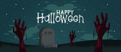 gelukkige halloween-vieringskaart met handenzombies op begraafplaats vector