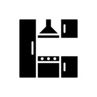 keuken reeks zwart glyph icoon. werkbladen en huishoudelijke apparaten. koelkast, fornuis. modern hedendaags huis meubilair op te slaan. silhouet symbool Aan wit ruimte. solide pictogram. vector geïsoleerd illustratie