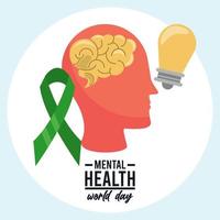 Werelddag voor geestelijke gezondheid campagne met profiel en lint met lamp vector