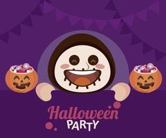 gelukkig halloween-feest met skelet en snoepjes in pompoen vector