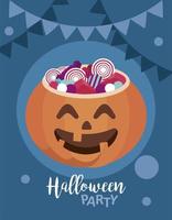gelukkig halloween-feest met zoete snoepjes in pompoen vector