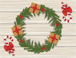 vrolijke kerstkaart met geschenken in garland op houten achtergrond vector