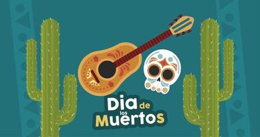 dia de los muertos poster met hoofdschedel en gitaar in cactus vector