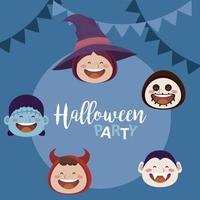 happy halloween-feest met hoofden van kinderen in kostuums en slingers vector