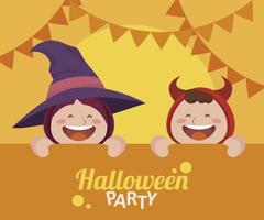 gelukkig halloween-feest met kleine duivel en heks vector