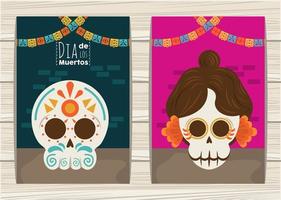 dia de los muertos poster met katrina en hoofdschedels en slingers vector