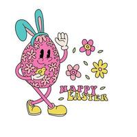 retro groovy Pasen ei mascotte. schattig bloemen chatacter in modieus retro Jaren 60 jaren 70 tekenfilm stijl. vector hand- getrokken illustratie