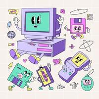 divers retro elektronisch opslagruimte apparaten tekens set. groef 90s tekenfilm stijl mascottes van floppy schijf of diskette , compact cassette, pc, Tetris, tamagochi. contour vector illustratie.