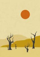 woestijn landschap, zonnig duinen en droog boom illustratie. vector kunst van een woestijn landschap met dood bomen. midden eeuw modern minimalistische kunst afdrukken.