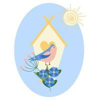 vogel in een huis met bloemen in zonnig weer vector