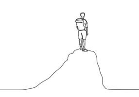doorlopende lijntekening van persoon die op de top van de berg staat. concept van gelukkig succes bereiken van doelen thema. vector