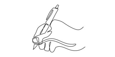 een lijntekening van hand met een pen die op papier schrijft. minimalisme doorlopende schets vectorillustratie, eenvoud ontwerpstijl. vector