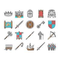 middeleeuwse krijger wapen en harnas pictogrammen instellen vector