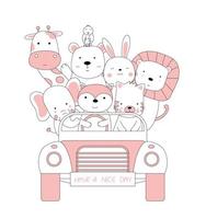 cartoon schets van schattige baby dieren in de auto. handgetekende stijl. vector