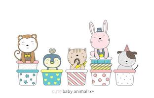 cartoon schattige baby dieren op cupcakes. handgetekende stijl. vector