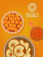 gelukkige diwali-viering met kaars en voedsel op gele achtergrond vector