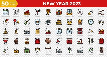 nieuw jaar 2023 pictogrammen in gevulde schets stijl. kalender, confetti, pizza. gevulde schets pictogrammen verzameling. vakantie symbool. vector illustratie