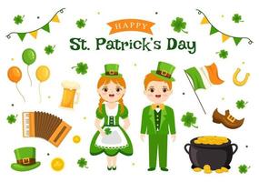 gelukkig st patricks dag illustratie met kinderen, gouden munten, groen hoed, kabouters en klaver in vlak tekenfilm hand- getrokken voor landen bladzijde Sjablonen vector