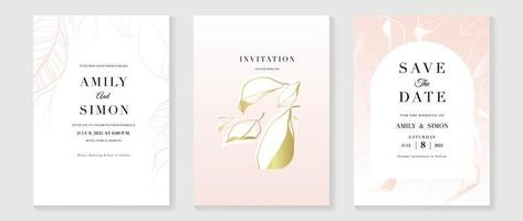 luxe bruiloft uitnodiging kaart achtergrond vector. elegant botanisch bladeren lijn kunst en goud structuur sjabloon achtergrond. ontwerp illustratie voor bruiloft en vip Hoes sjabloon, banier, poster. vector