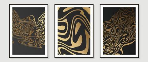 luxe goud abstract patroon muur kunst vector set. delicaat helling goud psychedelisch illusie biologisch vorm patroon schijnen Aan donker achtergrond. ontwerp voor huis decoratie, spa, omslag, interieur, afdrukken.