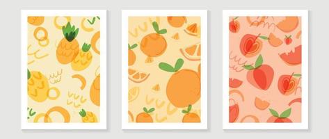 vers fruit muur kunst achtergrond vector set. tropisch ananas, aardbei en oranje met abstract kattebelletje tekening stijl. voorjaar en zomer seizoen ontwerp voor huis decor, interieur, behang, kleding stof.
