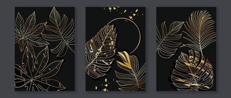 luxe goud tropisch bladeren muur kunst vector set. botanisch exotisch oerwoud palm gebladerte goud lijn kunst met glinsterende folie structuur schijnen Aan zwart achtergrond. ontwerp voor huis decoratie, spa, omslag.