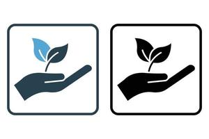 ecologie icoon illustratie. hand- icoon met blad. icoon verwant naar hernieuwbaar energie. solide icoon stijl. gemakkelijk vector ontwerp bewerkbare