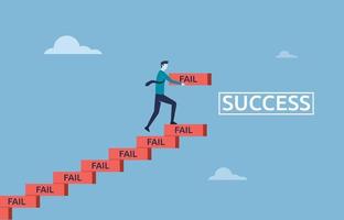 leren naar mislukken net zo pad naar bereiken doel concept, verbeteren van mislukking bouwen omhoog trap naar succes, streven zakenman bouwen trap naar succes met zijn mislukking vector