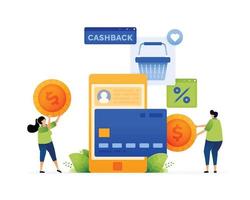 vector illustratie van spaargeld begroting en mobiel e handel cashback programma's. slim boodschappen doen met mobiel cashback en kortingen apps. kan gebruik voor advertentie, poster, campagne, website, appjes, sociaal media