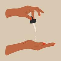 vrouw hand- houdt pipet voor huidsverzorging met olie serum fles, room. hand- trek vector illustratie