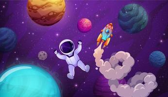 tekenfilm astronaut, planeten en ruimte landschap vector