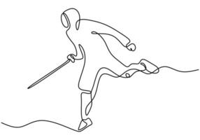 een enkele lijntekening van de atleet van de jonge man schermer in het uitoefenen van beweging van het hekwerk kostuum vector