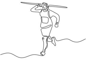 continue lijntekening van speerwerpen atleet. jonge sportieve man oefenen om houding uit te voeren voordat speer op het veld wordt gegooid. vector