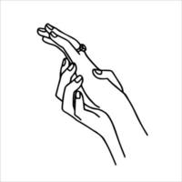 tekening tekening van vrouw handen met een diamant ring Aan de ring vinger. vector schetsen van de handen van de bruid na de verloving