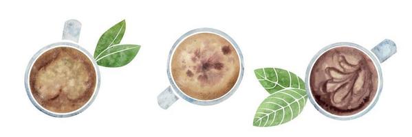 waterverf hand- getrokken samenstelling met porselein capuccino koffie kopjes, bladeren, schuim kunst, top visie. geïsoleerd Aan wit achtergrond. voor uitnodigingen, cafe, restaurant voedsel menu, afdrukken, website, kaarten vector