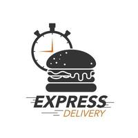 express levering pictogram concept. hamburger met stopwatch-pictogram voor foodservice, bestelling, snelle en gratis verzending. modern ontwerp. vector