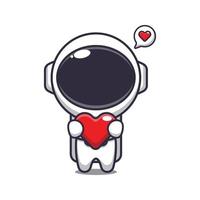 schattig astronaut tekenfilm karakter Holding liefde hart. vector