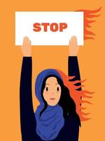 protesten in iran. rally en protest in ik rende 2022. vrouwen vrijheid in iran. de vrouw vraagt voor helpen. moslim Dames in een hijab protest. Arabisch meisje Holding een blanco poster. ondersteuning ik rende vector